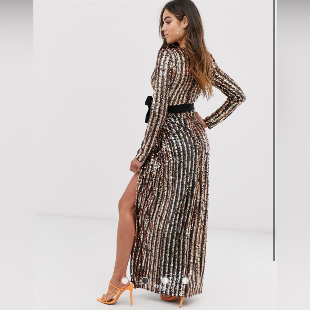 Club L London plunge neck stripe sequin wrap front maxi dress
